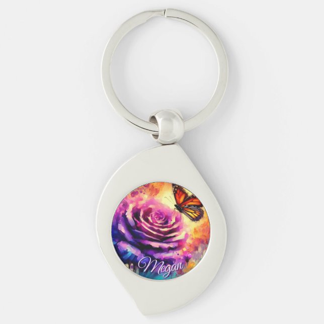 Monarch Butterfly on Rose at Sunset Personalised Key Ring (Front)