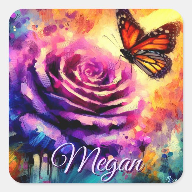 Monarch Butterfly on Rose at Sunset Personalised Square Sticker (Front)