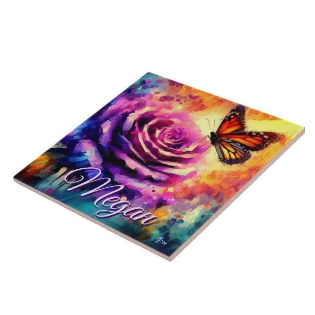 Monarch Butterfly on Rose at Sunset Personalised Tile (Side)