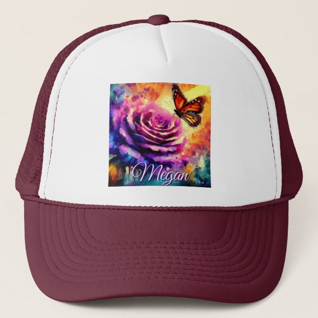 Monarch Butterfly on Rose at Sunset Personalised Trucker Hat (Front)