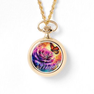 Monarch Butterfly on Rose at Sunset Personalized Watch