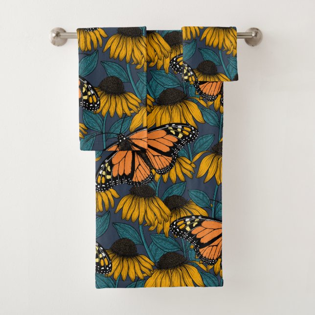 Monarch butterfly on yellow coneflowers bath towel set (Insitu)