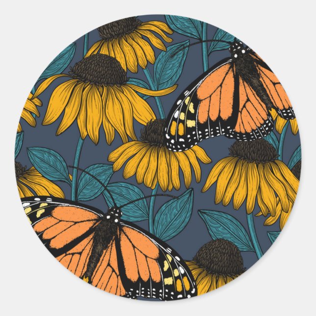 Monarch butterfly on yellow coneflowers classic round sticker (Front)