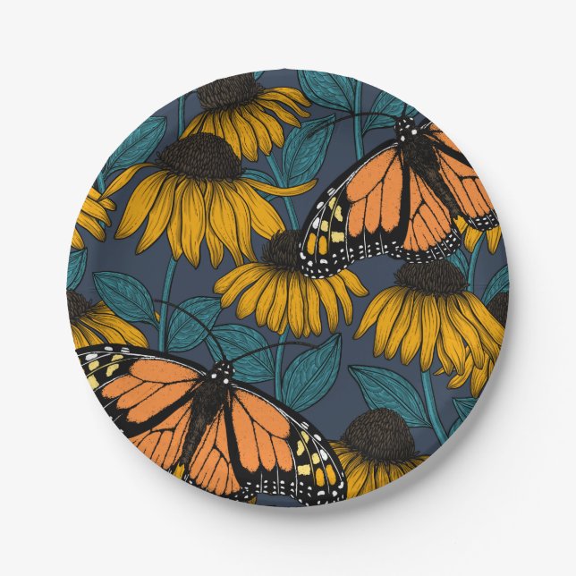 Monarch butterfly on yellow coneflowers paper plate (Front)