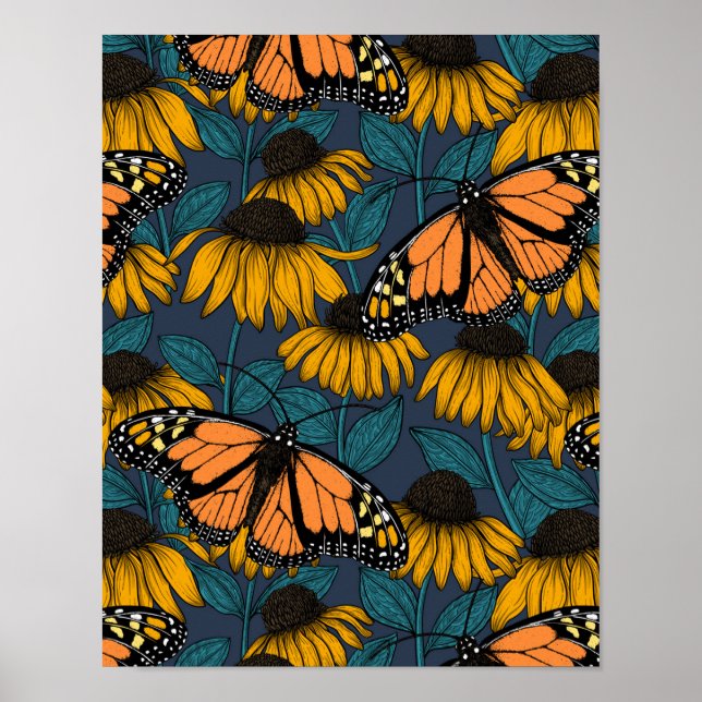 Monarch butterfly on yellow coneflowers poster (Front)
