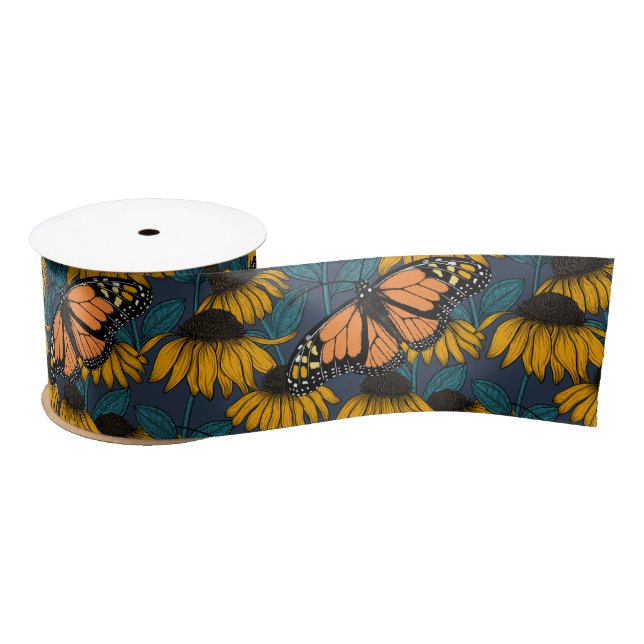 Monarch butterfly on yellow coneflowers satin ribbon (Spool)