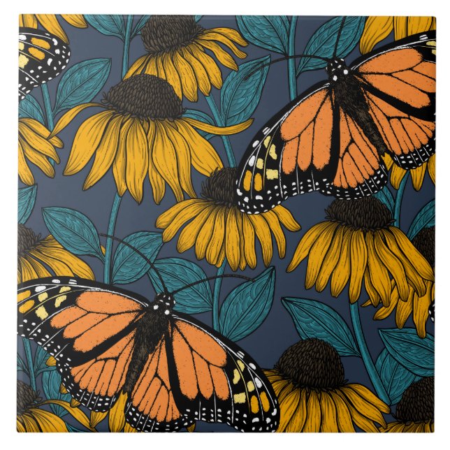 Monarch butterfly on yellow coneflowers tile (Front)