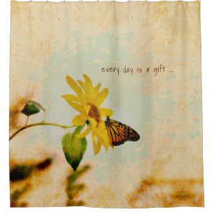Monarch Butterfly on Yellow Flower Subtle Grunge Shower Curtain