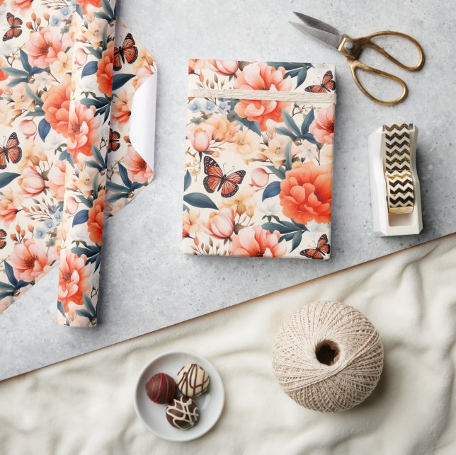 Monarch Butterfly Orange Floral  Wrapping Paper (Crafts)