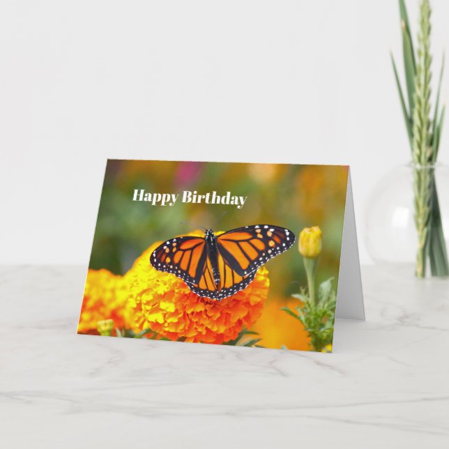 Monarch Butterfly Orange Marigold Photo Birthday Card (Front)