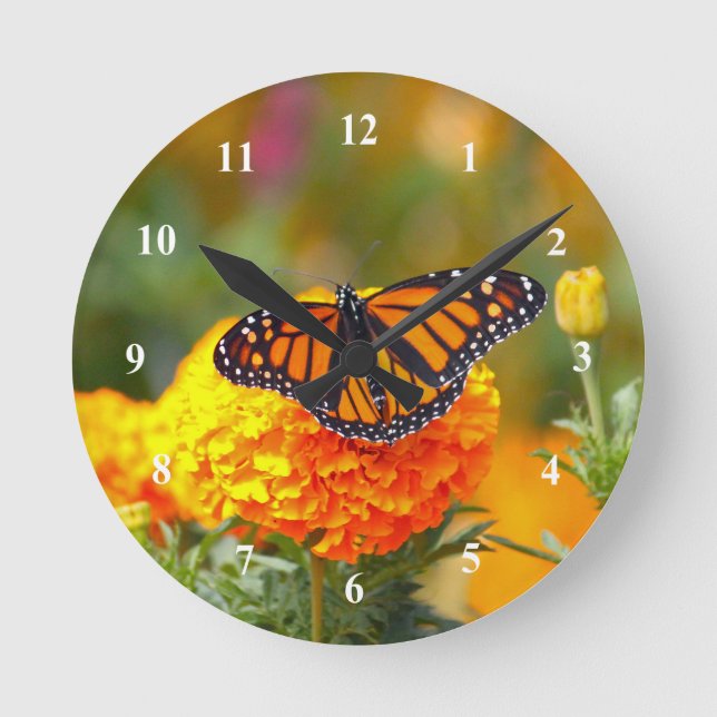 Monarch Butterfly Orange Marigold Photo Round Clock (Front)