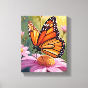 Monarch Butterfly Pink Flower Floral Painting Canvas Print