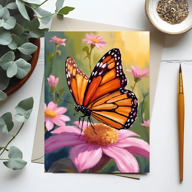 Monarch Butterfly Pink Flower Floral Painting Postcard (Creator Uploaded)