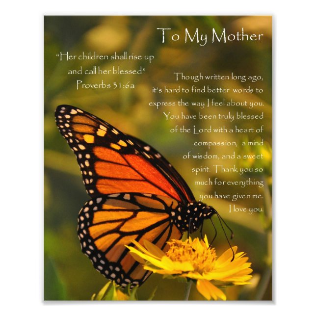 Monarch Butterfly "Proverbs 31:6" Mother Thank You Photo Print (Front)