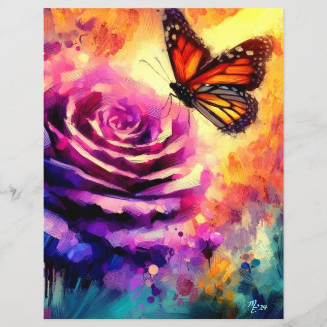 Monarch Butterfly Purple Rose Scrapbook Paper (Front)