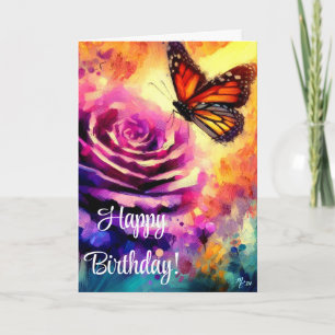 Monarch Butterfly Purple Rose Sunset Birthday Card