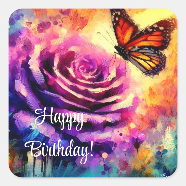 Monarch Butterfly Purple Rose Sunset Birthday Card Square Sticker (Front)