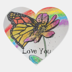 Monarch Butterfly Rainbow Flower Love Painting Heart Sticker