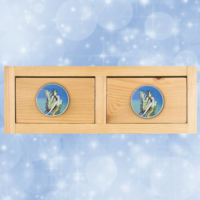 Monarch Butterfly Red Hair Vintage Fairy Ceramic Knob (Pretty red haired monarch butterfly fairy in blue sky on drawer knob pull.)