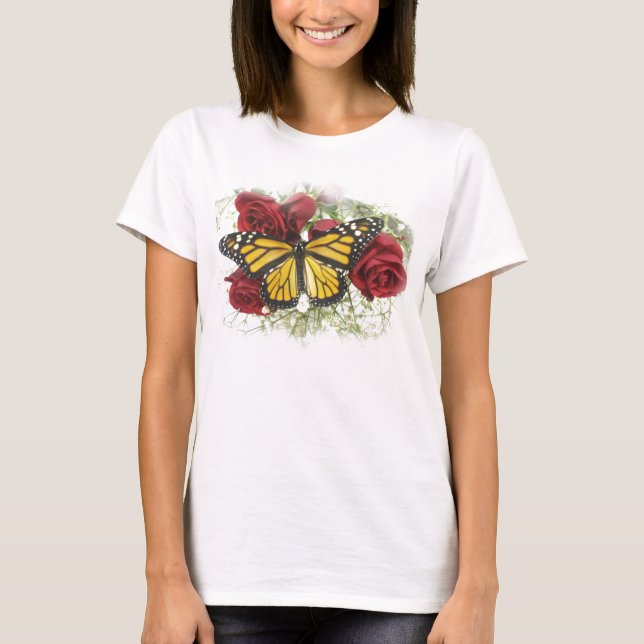Monarch Butterfly Red Rose Large T-shirt (Front)