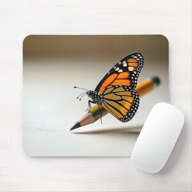 Monarch Butterfly Resting On a Pencil Mouse Mat (With Mouse)