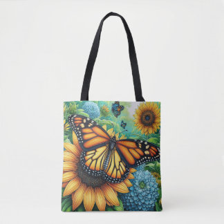 Monarch Butterfly resting on Sunflowers Tote Bag