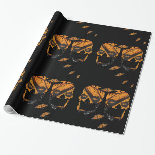 Monarch Butterfly Skulls Black Halloween Wrapping Paper