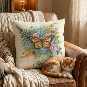 Monarch Butterfly Watercolor Floral Cushion