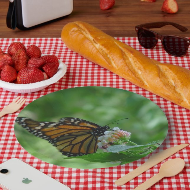 Monarch Butterfly White Pink Flower Paper Plate (Picnic)