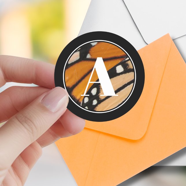 Monarch Butterfly Wing Initial Orange and Black Classic Round Sticker (Creator Uploaded)