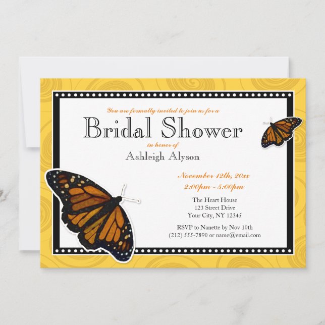 Monarch Butterfly Yellow Bridal Shower Invitations (Front)