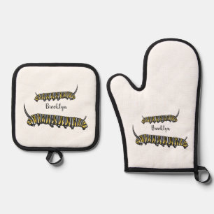 Monarch caterpillar cartoon illustration  oven mitt & pot holder set