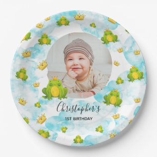 Monarch Frog Baby Photo Blue Watercolor Paper Plate