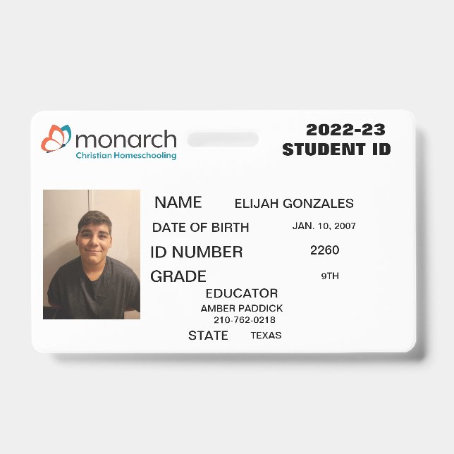 MONARCH HOMESCHOOL ID  BADGE (Front)