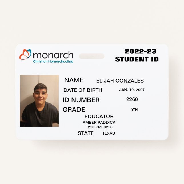 MONARCH HOMESCHOOL ID  ID BADGE (Front)