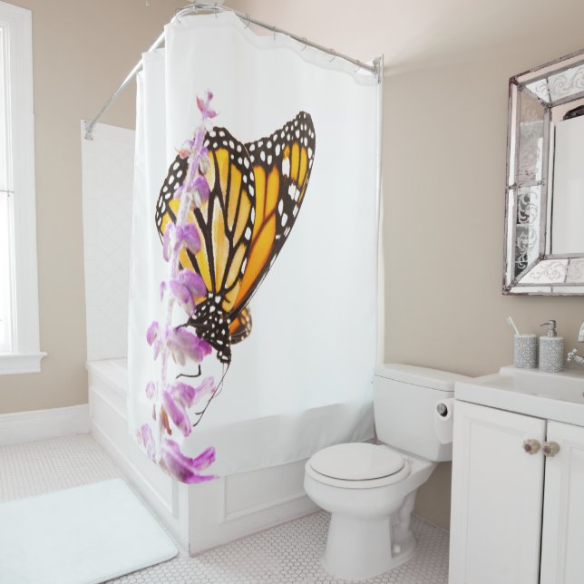 Monarch perched on lavender shower curtain (In Situ)