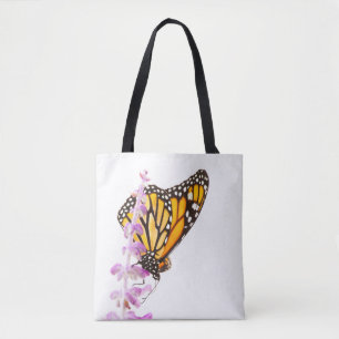 Monarch perched on lavender tote bag