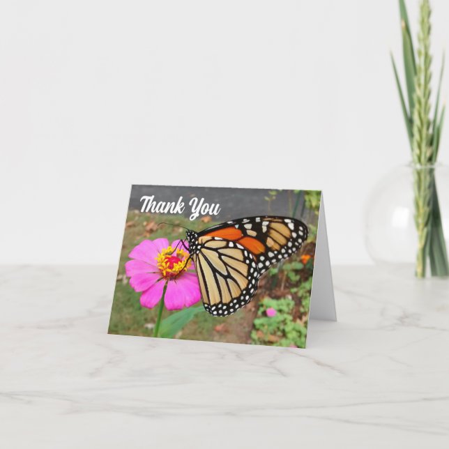 Monarch Sipping Pink Zinnia Thank You Card (Front)