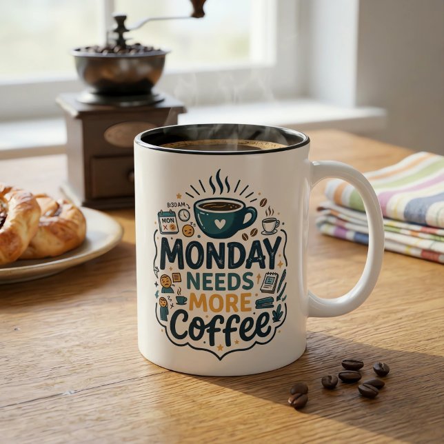 Monday Needs More Coffee Funny Work Office Coffee  Two-Tone Coffee Mug (Creator Uploaded)