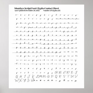Mondays Script Font Glyphs Contact Sheet Poster