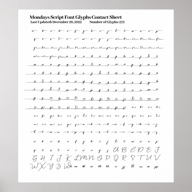 Mondays Script Font Glyphs Contact Sheet Poster (Front)