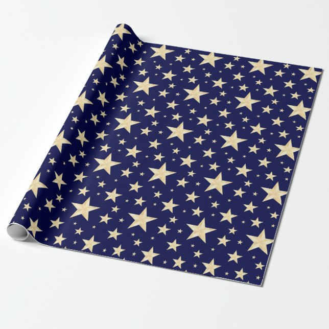 Monder Navy Blue & Faux Gold Foil Starry Night Wrapping Paper (Unrolled)