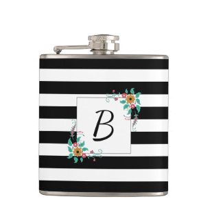 Mondern Black Stripes and Floral Monogram Hip Flask