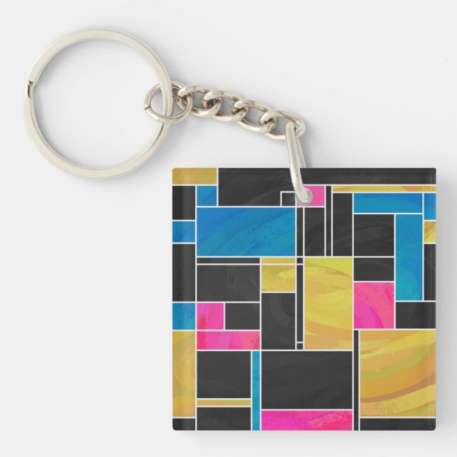 Mondrian Blue Pink Black Print Key Ring (Front)