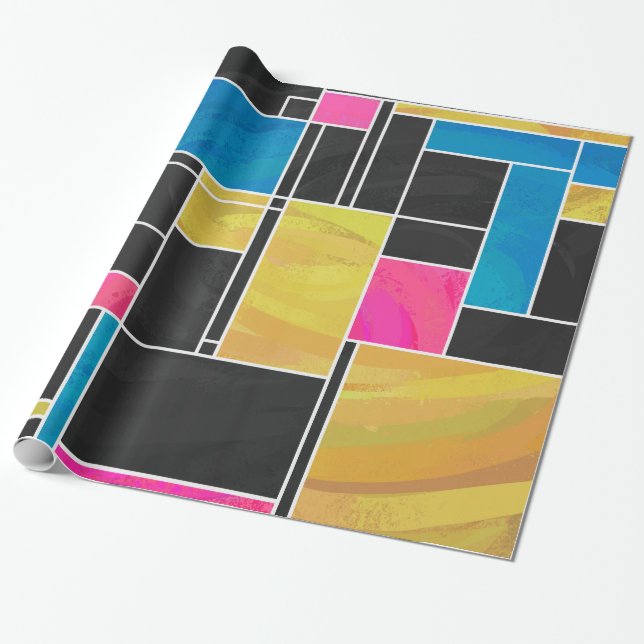 Mondrian Blue Pink Black Print Wrapping Paper (Unrolled)
