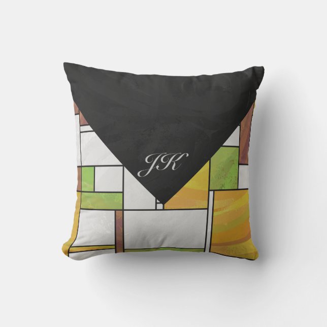 Mondrian Brown Yellow Green Print Cushion (Front)