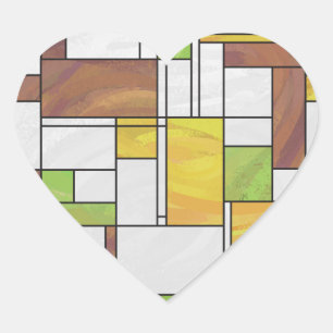 Mondrian Brown Yellow Green Print Heart Sticker