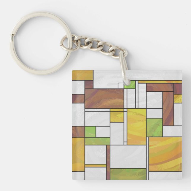 Mondrian Brown Yellow Green Print Key Ring (Front)