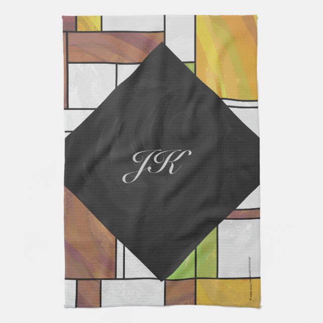 Mondrian Brown Yellow Green Print Tea Towel (Vertical)