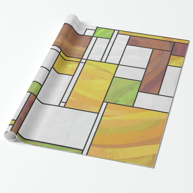 Mondrian Brown Yellow Green Print Wrapping Paper (Unrolled)
